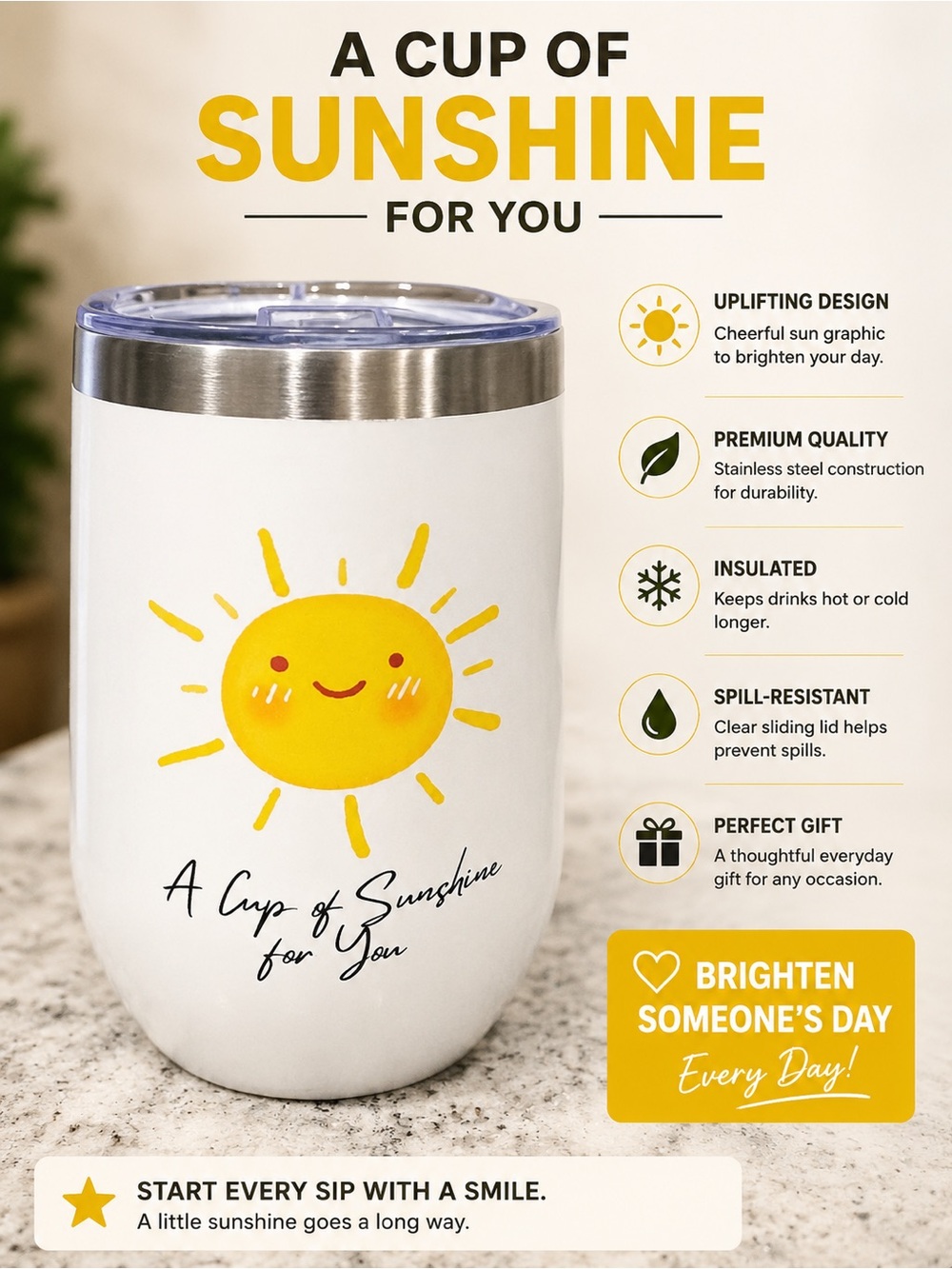 Hand Crafted White Tumbler with Yellow Sunshine Graphic